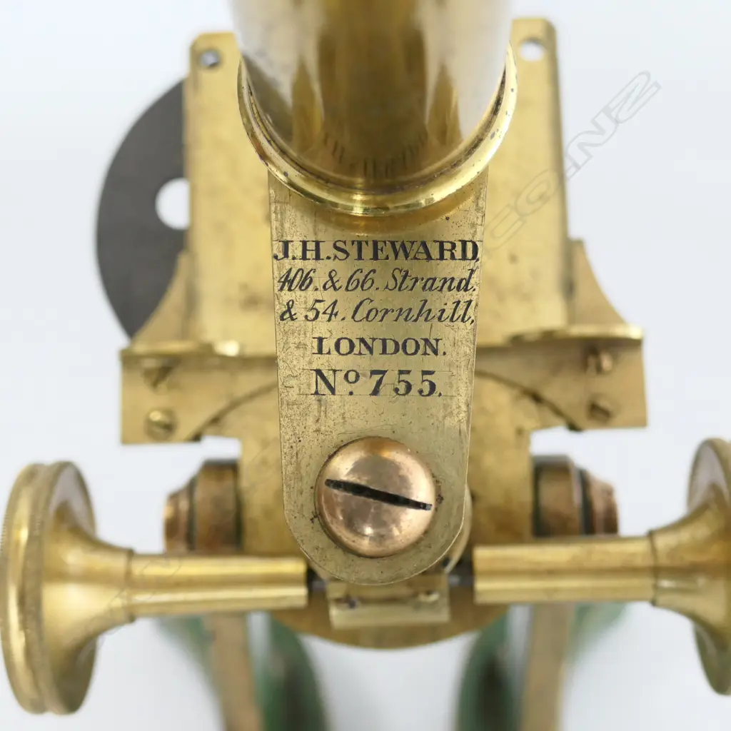 J.H STEWARD 406 & 66 STRAND, LONDON No755  MAHOG CASED BRASS COMPOUND MICROSCOPE, BULLSEYE  & 1 OBJECTIVE ABSENT Image 1++